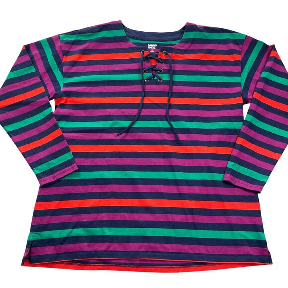 Lands End Top Women Large 14-16 Colorful Striped Cotton Lace-up Tunic Resortwear - Picture 6 of 16